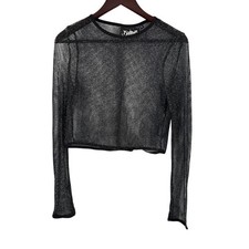 Killstar Mesh Sheer Long  Sleeve Crop Top Black Silver Metallic Threading Large