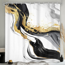 Black White Gold Marble Shower Curtain 72Wx72L Inch Abstract Modern Luxury Ink T