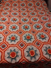 Vintage Granny 3D Rose Square Crochet Afghan Blanket Handmade Flowers 88" x 100"