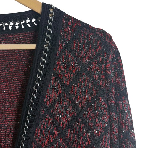 Misook Crochet Chain Trim Mini Sequin Knit Jacket Crimson Red Black Size Medium - Picture 6 of 13