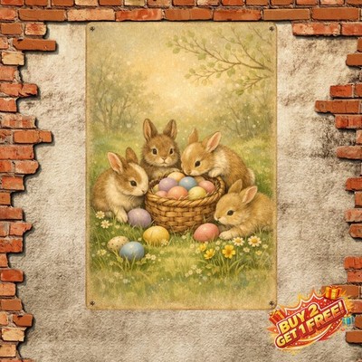 Elegant Bunny with Egg Basket Iron Plaque 8x12 Vintage Easter Metal Sign