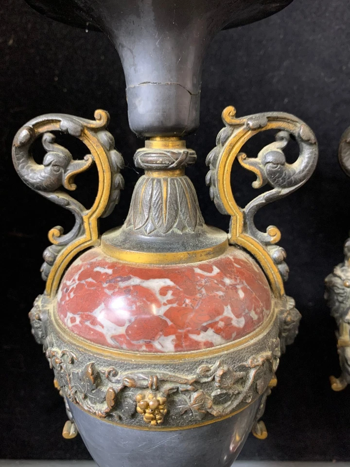 Pair of Antique Brass and Marble Candlesticks with Ornate Design - #1008 - Image 2 of 4