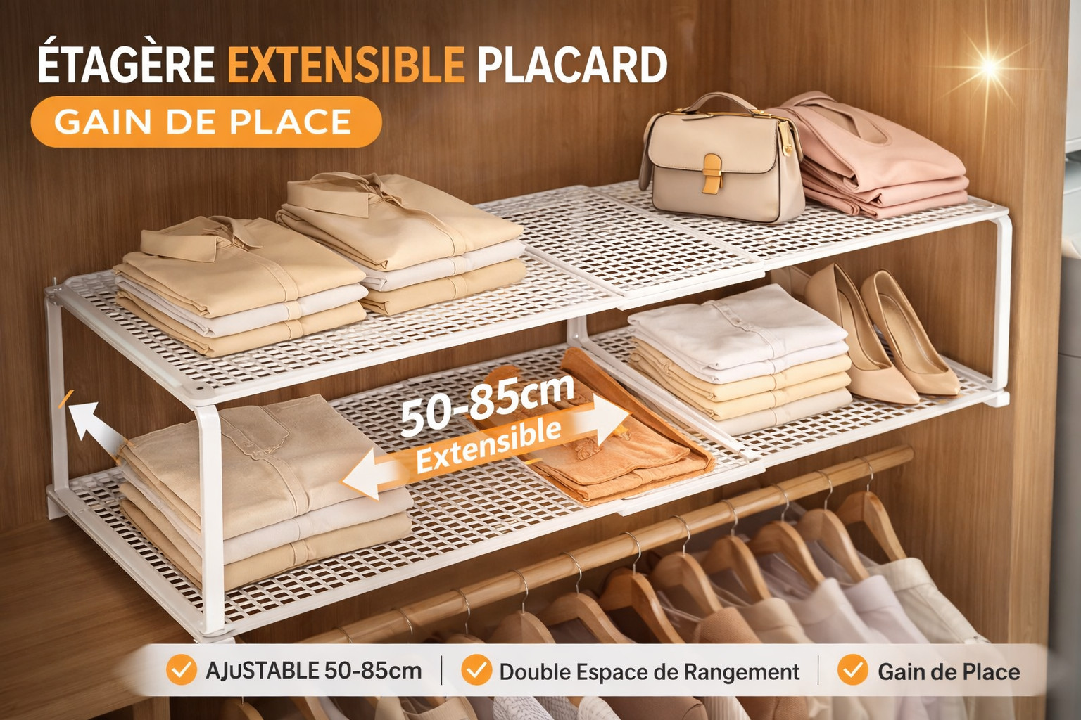 Étagère placard extensible 50-85cm en acier carbone renforcé pour vaisselle lourde