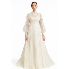 Vintage 1960s Lace Illusion High Neck Bridal Wedding Gown w/ Train XS