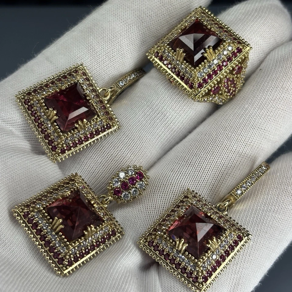 Ruby & Zircon Stone 925 Sterling Silver Earrings Set: Turkish Handmade Jewelry - Image 2 of 3