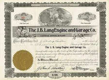 USA JB LANG ENGINE & GARAGE COMPANY stock certificate 