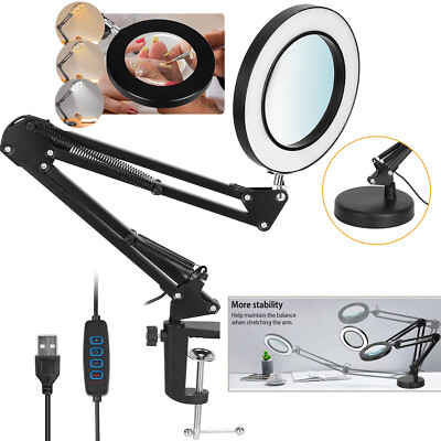 8X Desk Magnifier Light LED Lamp Magnifying Glass Reading Lamp With Base & Clamp