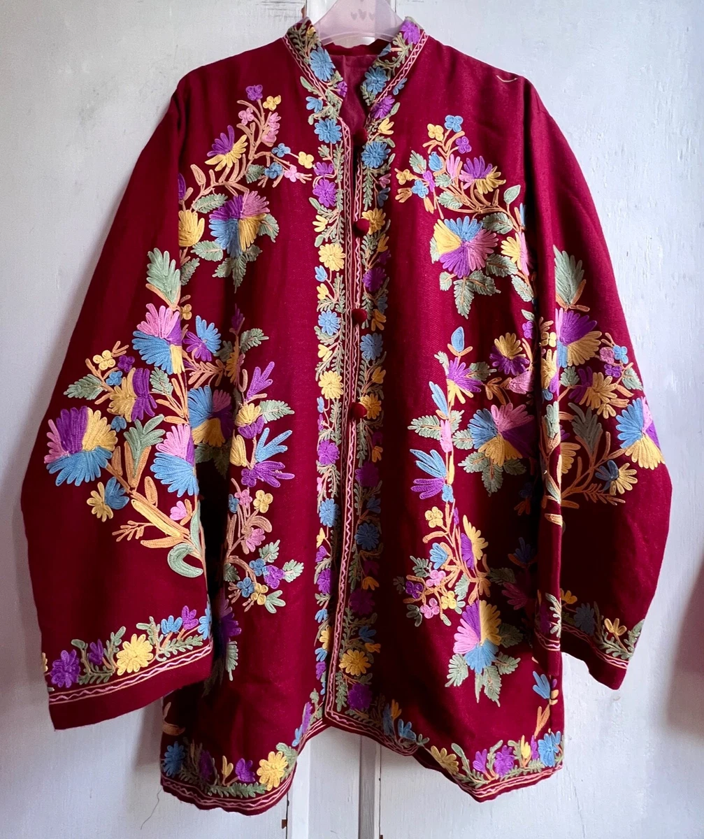 Beautiful Embroidered Indian Floral Wool Lined Kashmiri Kimono