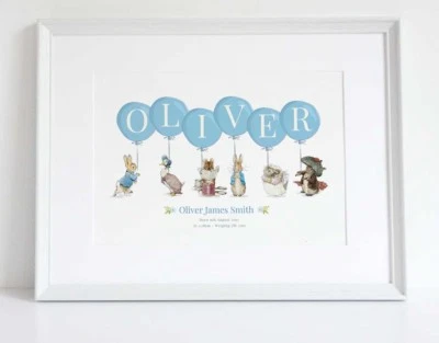 LEXI'S LITTLE PRINTS Personalised Peter Rabbit Balloon Name Birth Nursery Print Christening UNFRAMED