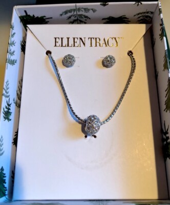 ELLEN TRACY Silvertone Pave Necklace Pierced Earring Set NEW In Box