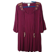 Knox Rose Tassel Merlot Maroon 3/4 Length Bell Sleeve Mini Dress Small