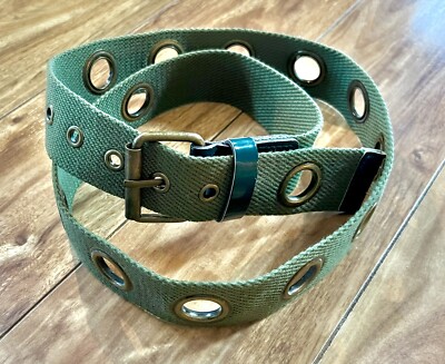 Vintage Canvas Grommet Hole Web Belt Military Green Brass