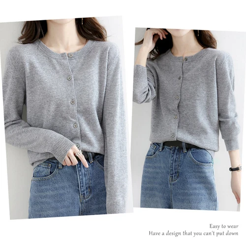 Women's Cashmere Blend Sweater Solid Color Crew Neck Button Cardigan Jacket Coat - Bild 11 von 23