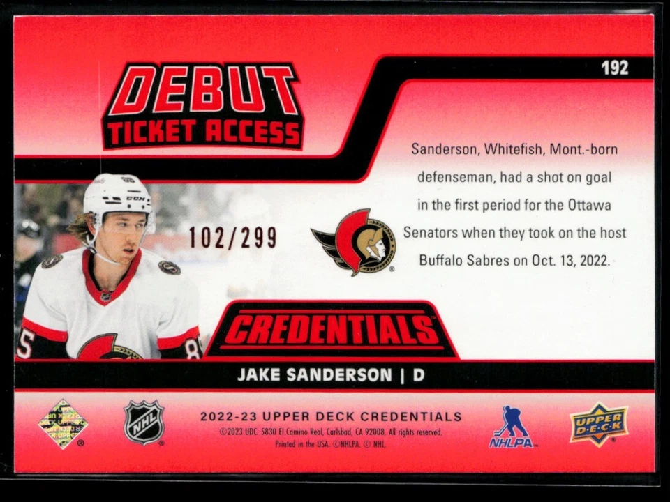 2022-23 Upper Deck Credentials Horizontal Red #192 Jake Sanderson RC 102/299 - Image 2 of 2