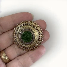 LIEBA Ornate  Gold Tone Green Stone Round Scarf Clip 60s 70s Signed Vintage