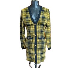 Fashion Nova Mustard Yellow Black Plaid Dress Women 1XL Bodycon Buttons V Neck