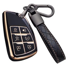 Key Fob Cover for Chevy GMC with Keychain, Tahoe Suburban 6 Buttons Black