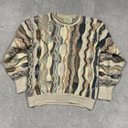 COOGI Jumper Men L Beige Cotton 3D Knit Crew Neck Pullover Sweater Australia 90s