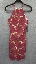 Lulu's Bodycon Dress Womens XS Sleeveless Halter Lace Overlay Burgundy Red Midi