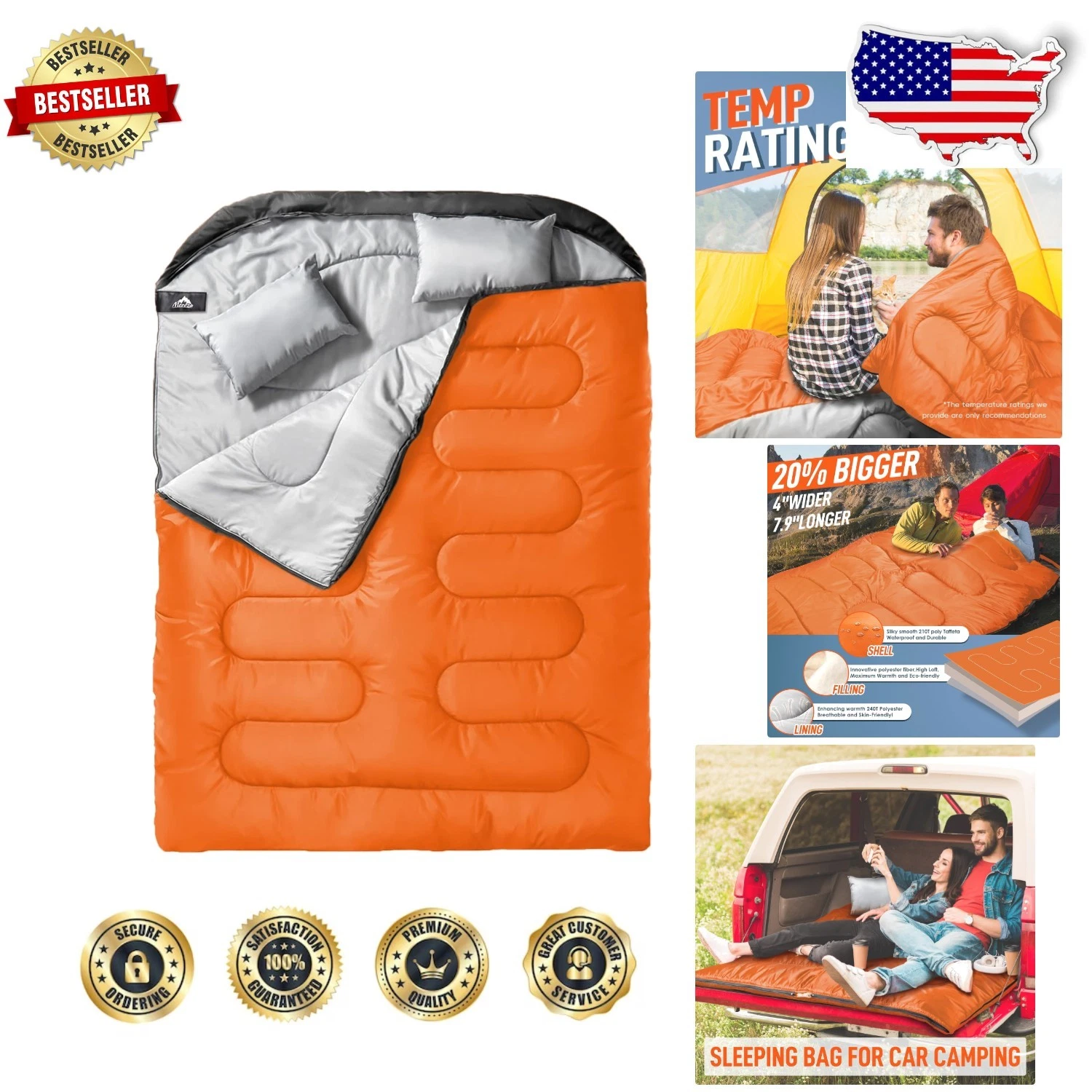 All Season 2 Person Sleeping Bag XL Queen Size 28°F Cold Weather Camping Pillow
