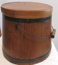 Vintage Primitive Wood Sugar Bucket Firkin Bail Handle Metal Bands & Lid