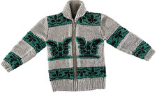 Vtg Cowichan Cardigan Eagle S Green Brown Zip Wool Hand Knit Shawl Chunky NO DUT