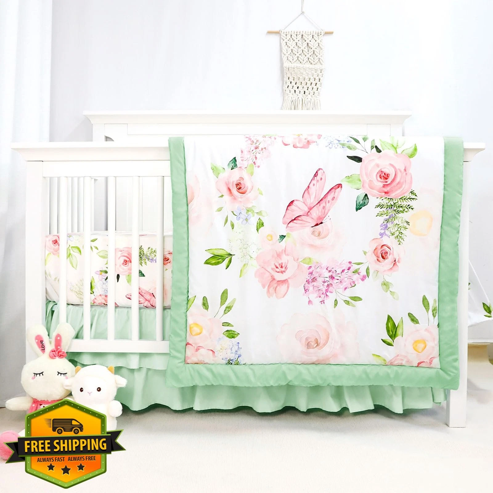 CARUILI 4pc Crib Bedding Set Pink Flower Butterflies