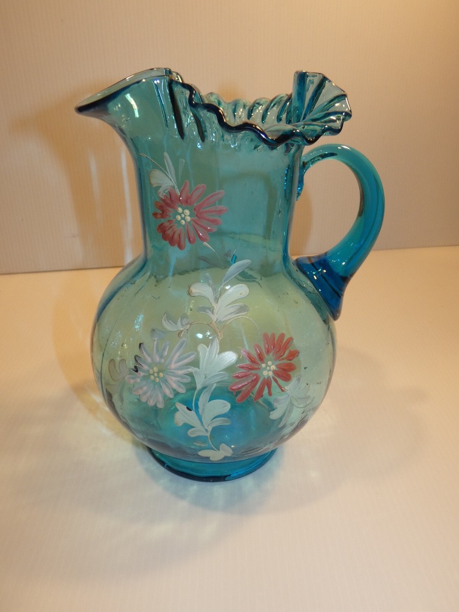 Vintage Fenton Blue Glass Water Pitcher, Flowers, Crimped Rim
