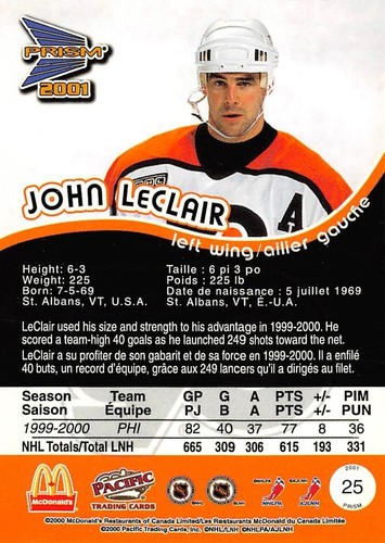 2000-01 McDonald's Pacific Prism Blue #25 John Leclair - Picture 2 of 2