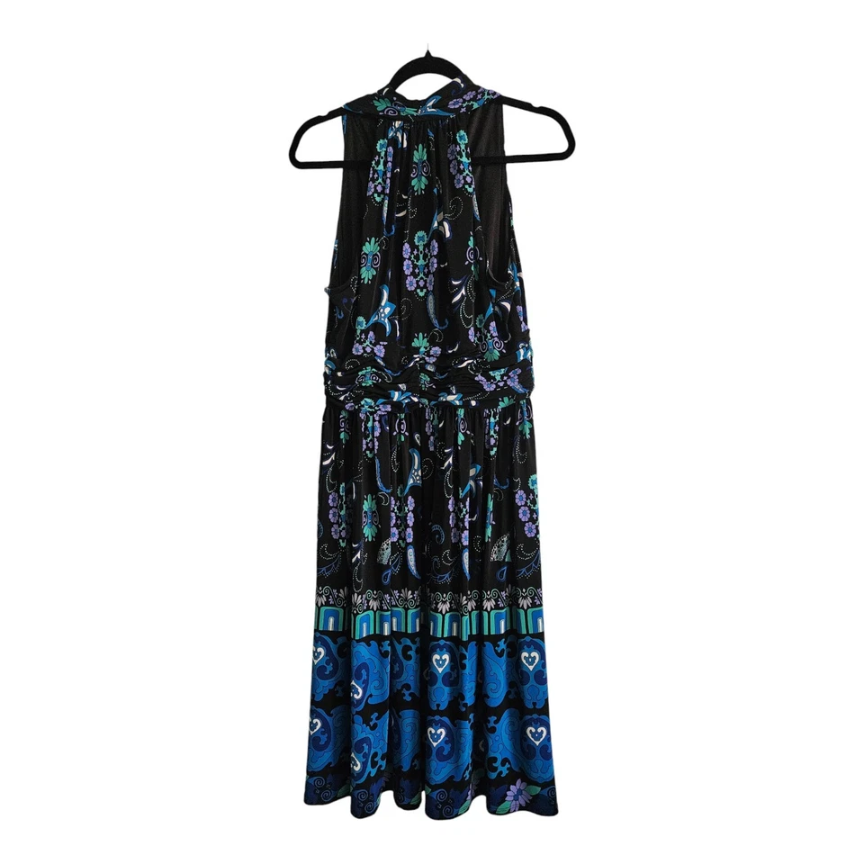 Vestido Evan Picone Halter Negro Multicolor Floral Midi Elastizado Cruzado Cuello en V Foto 2 de 3