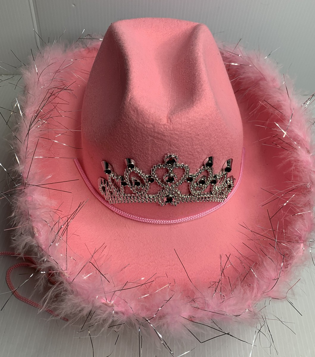 Adult Light up Pink Cowboy Hat with Tiara and Feathers, Cowgirl