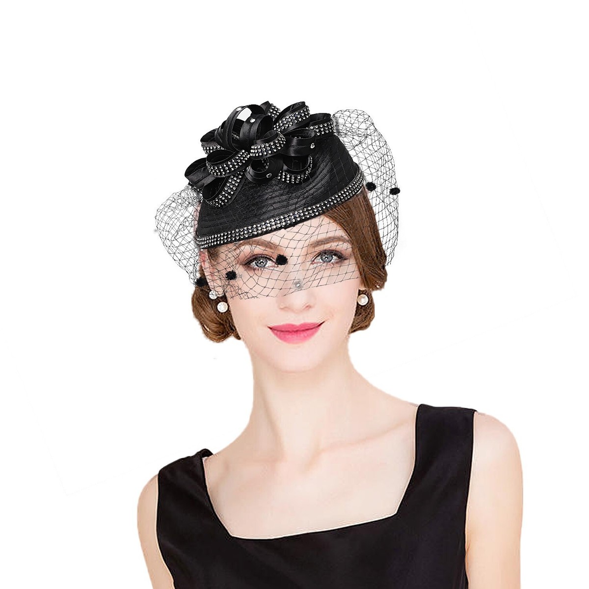 Black Fascinator Hat For Women Satin Cloth Derby Church Hats With Flower  Veil
