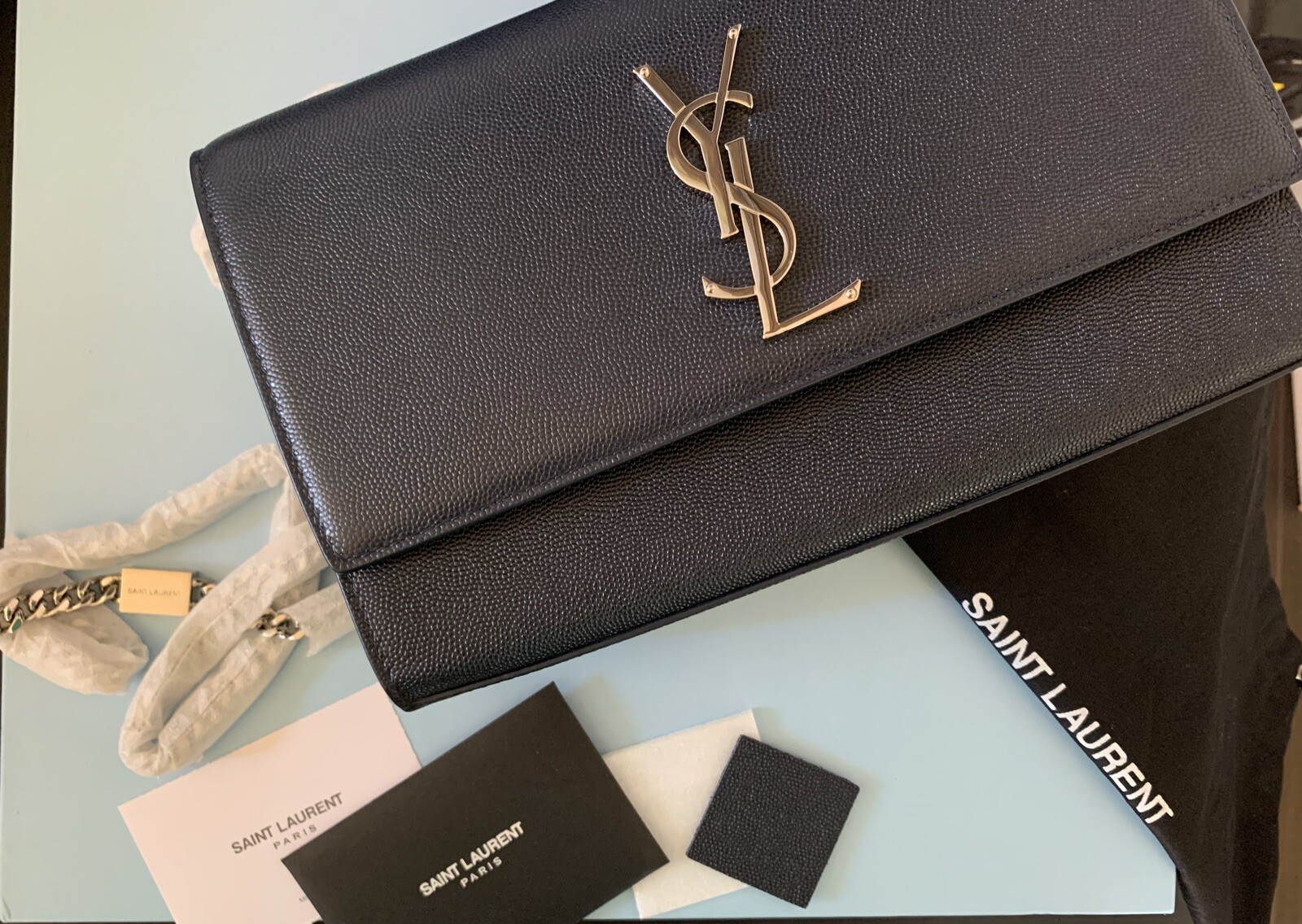 Borsa a tracolla YSL Saint Laurent kate grano medio navy argento
