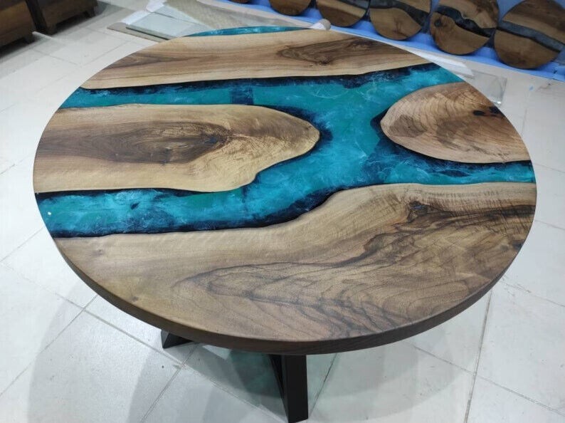 Turquoise Epoxy Round Coffee Table Resin River Wooden Table Top, For Home Decors