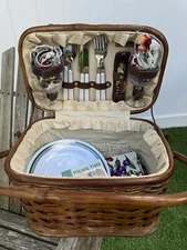Picnic Time NEW Romance Rattan Bamboo Basket Plates Glasses Napkins Tablecloth!