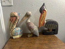 Vintage 3 Pelican on Stand with Head Down Hand Crafted Nautical Wood Statue