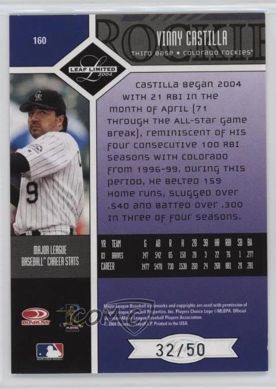 2004 Leaf Limited Spotlight Silver /50 Vinny Castilla #160 - Image 2 of 2