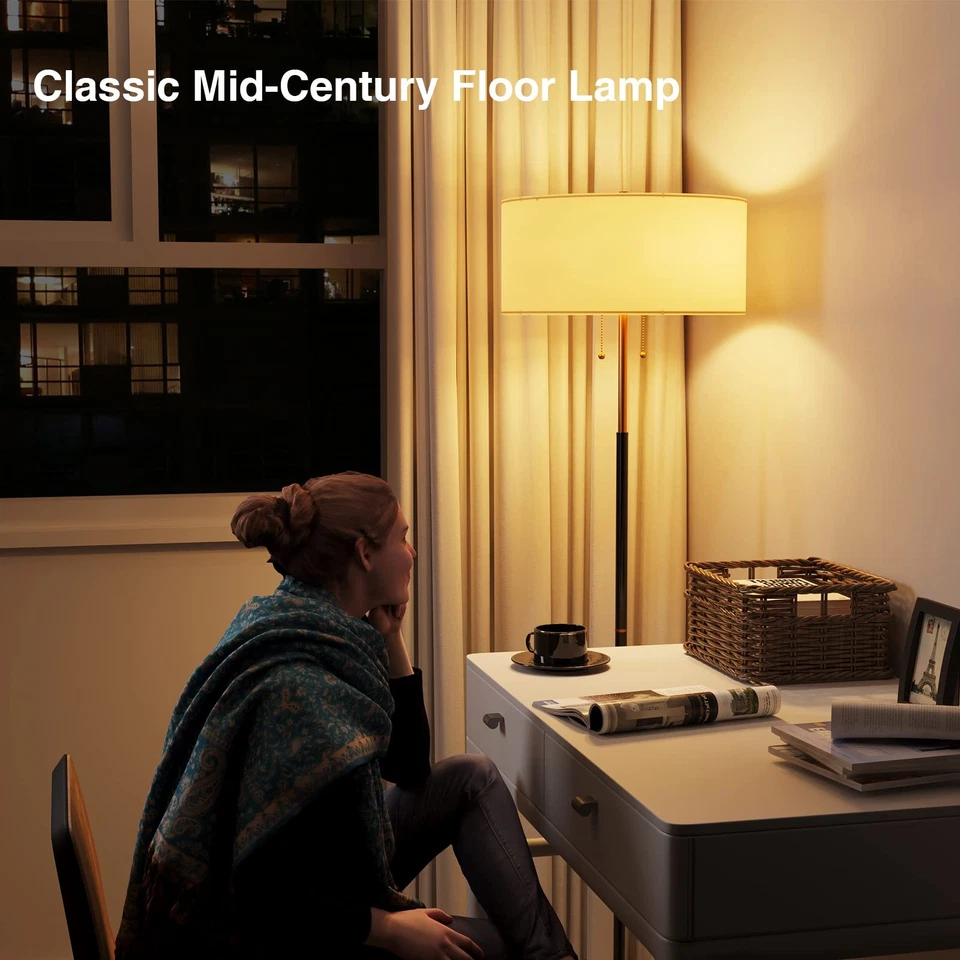 2-Light Floor Lamp, Mid Century Floor Lamp with White Fabric Shade, Standing ... - Image 3 of 4