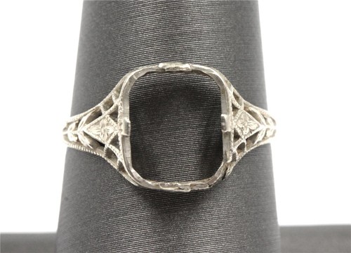 AUTHENTIC ART DECO 14K SOLID WHITE GOLD FILIGREE MOUNT SETTING FOR BIG STONE