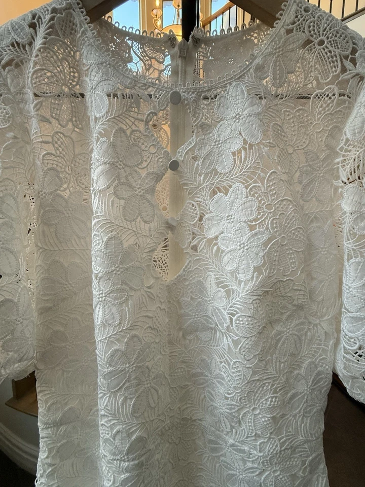 MONIQUE LHUILLIER White Embroidered Lace Puff Sleeve Midi Dress 4 Event Stunning - image 3 of 4