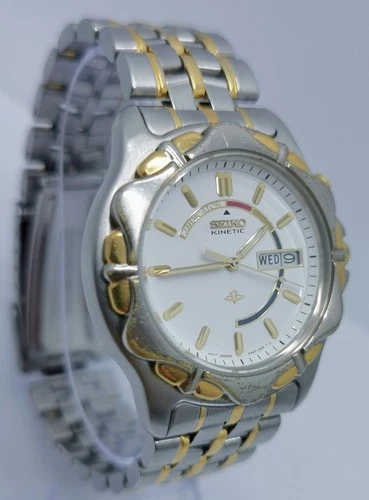 Vtg August 1995 Seiko Kinetic 5M43-0A70 Day Date Two Tone Bracelet Gents Watch