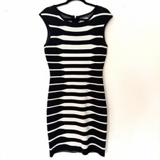 Calvin Klein Black White Striped Knit Sheath Dress Sleeveless Size S bodycon 