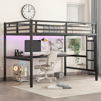 Full XL Size Metal Loft Bed Metal Bed Frame with Desk & LED Lights Black
