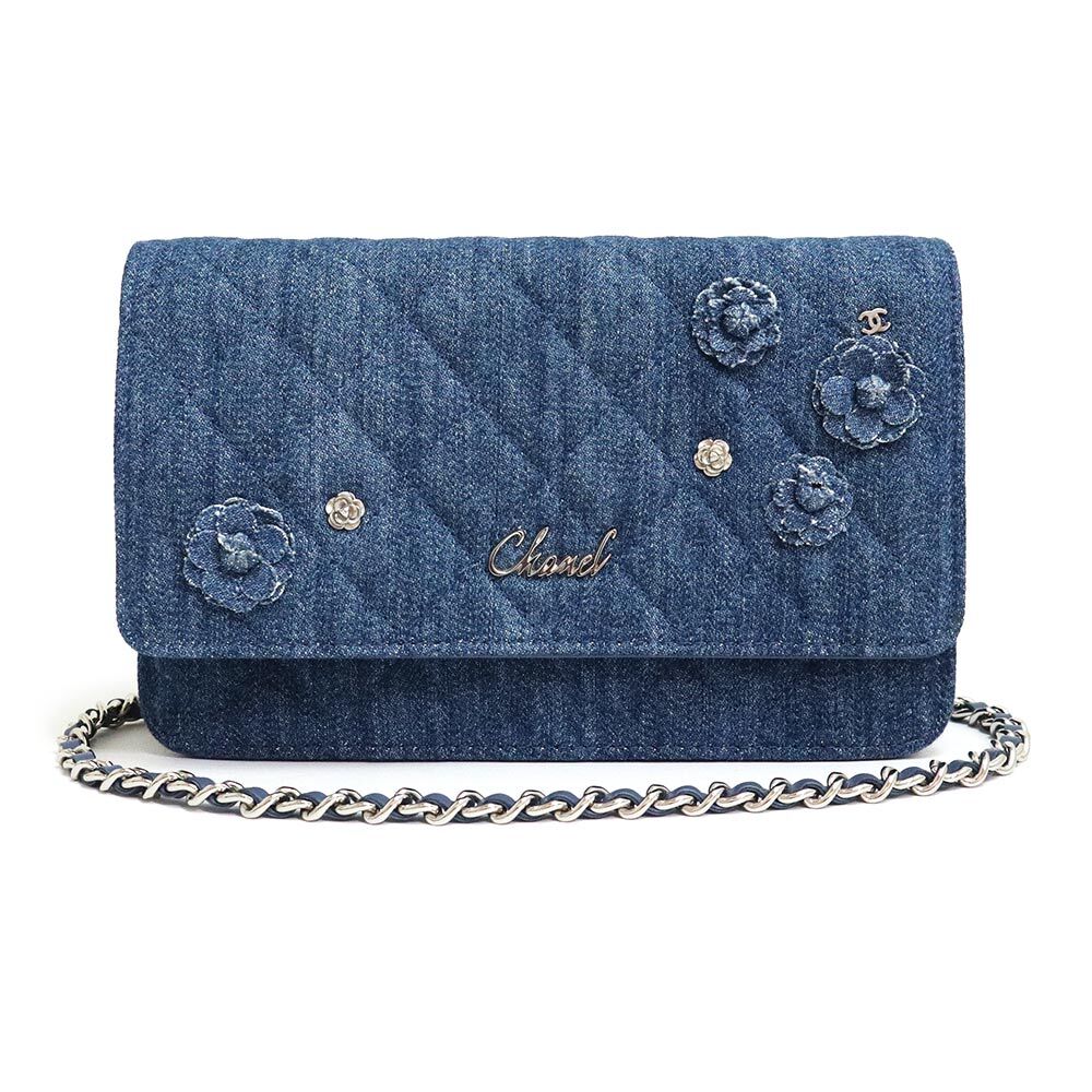 CHANEL Matelasse Camellia Logo Chain Wallet Denim Leather, Blue