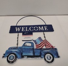 Metal Blue Truck Patriotic USA American Flag Welcome Sign Ships Fast 