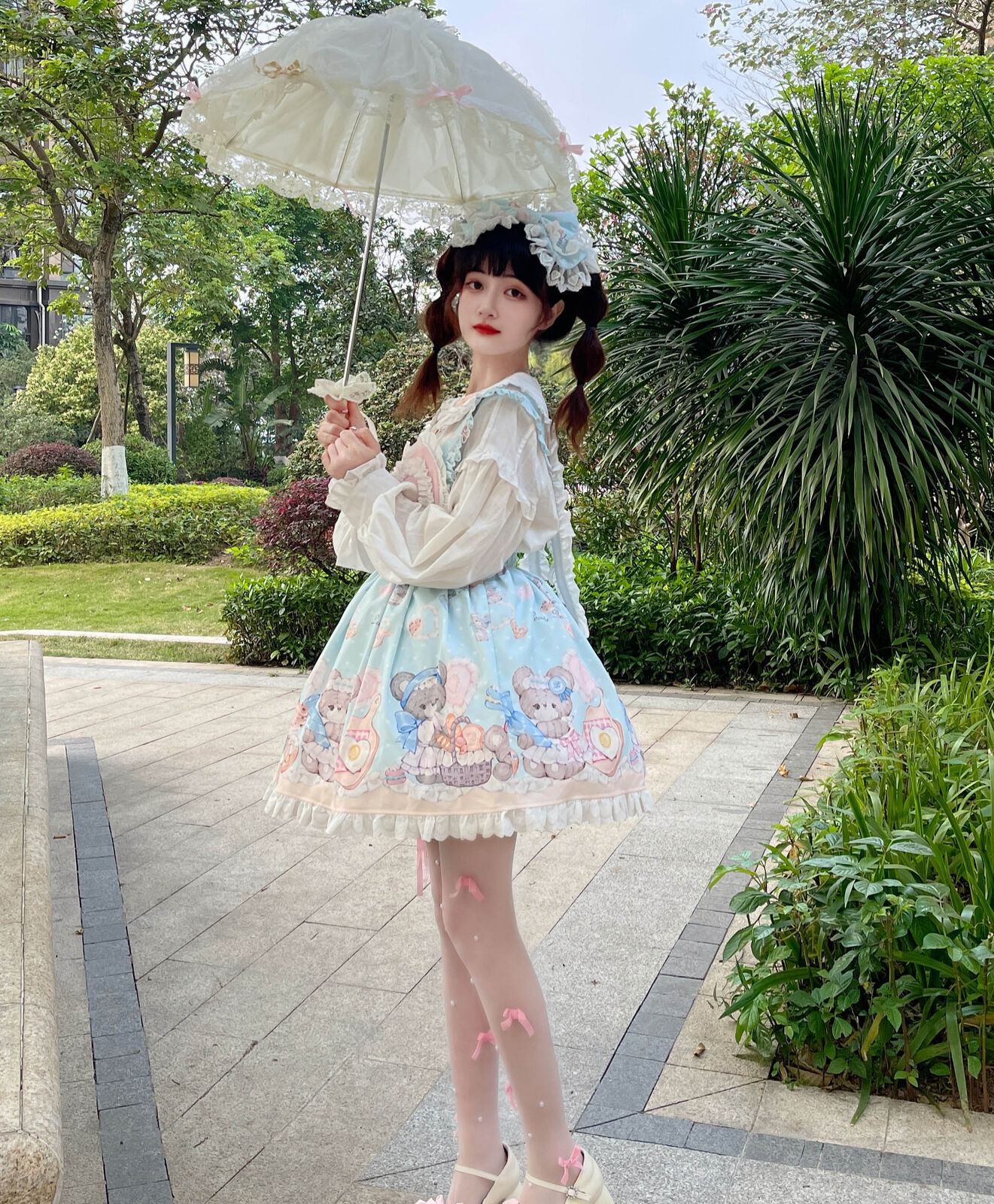 Bakery Bear Women's Lolita OP Short Sleeve Dress /White Blouse
