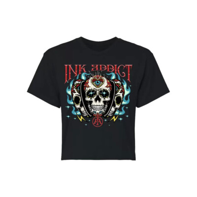 NEW InkAddict Damen Skull Candy Crop T-Shirt Schwarz SMALL-3XLARGE Limited