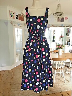 Worn Once Size 16 LAURA ASHLEY Navy Linen Spot Polka Dot