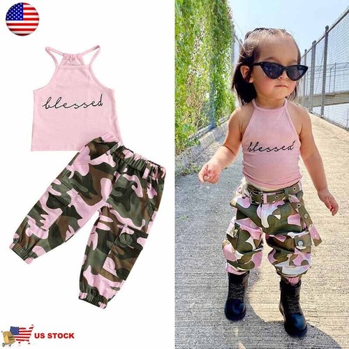 2PCS Toddler Kids Baby Girls Clothes Outfits T-shirt Tops + Camouflage Pants Set