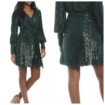 gianni bini sequin wrap dress $89 Gianni Bini XS Emerald Sequin Wrap Mini Dress Blouson Cocktail  Christmas NEW